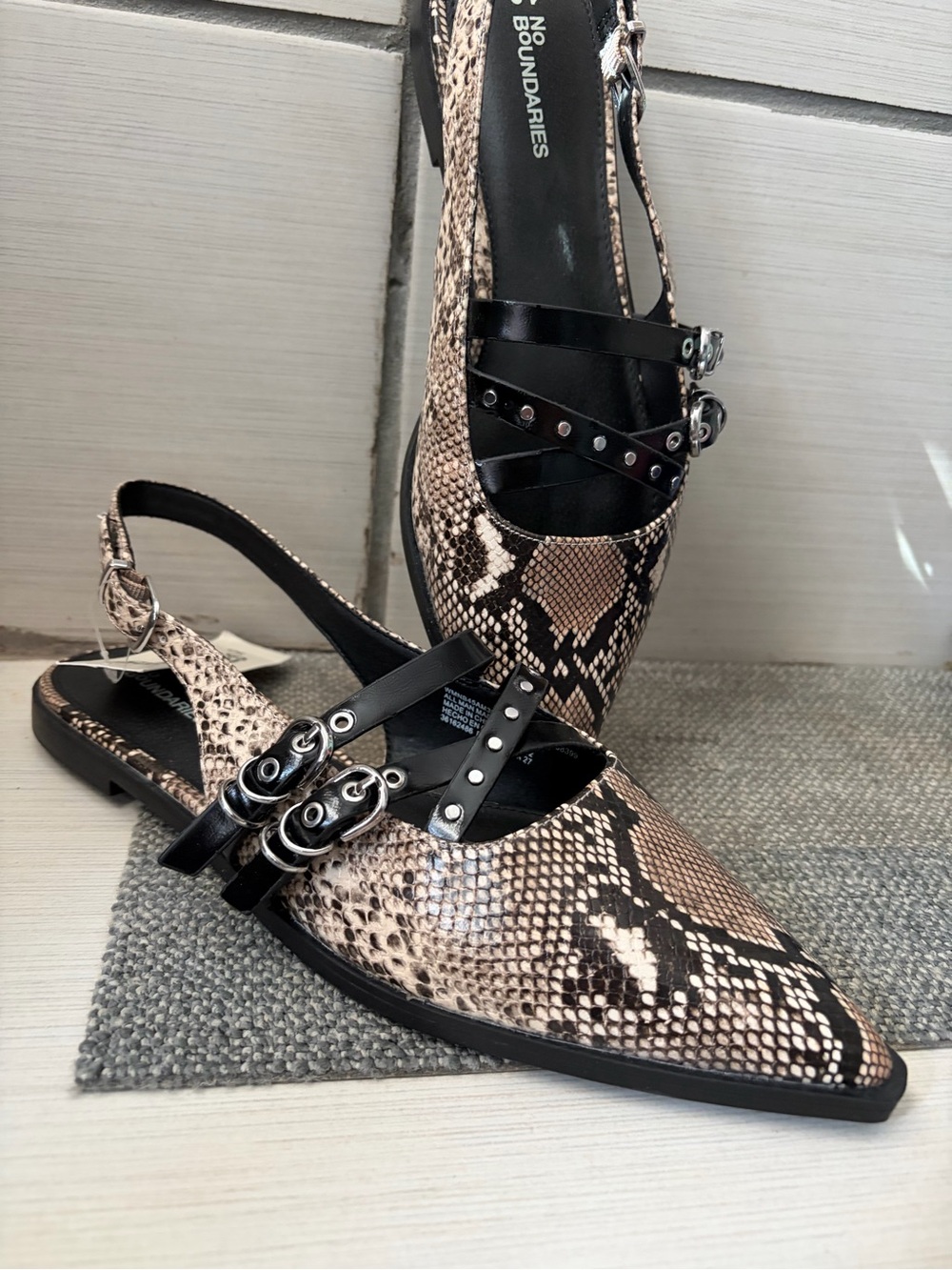 No Boundaries Taupe Snake-Print Slingback Flats with Black Straps